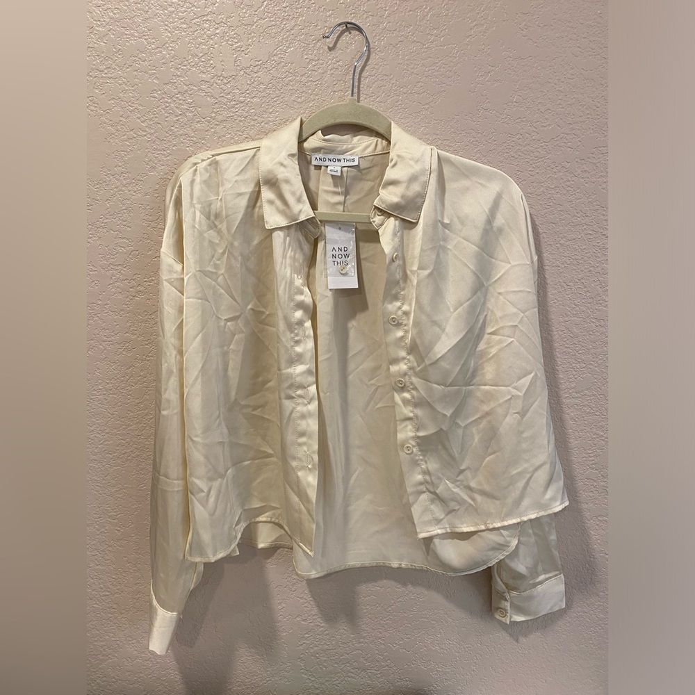 And Now This Long Sleeve Satin Collared Cream Button Down Small Top NWT